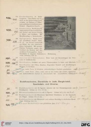 Buddhaschreine, Zierstücke in Jade, Bergkristall, Speckstein, und Diverse (Nr. 211-223)