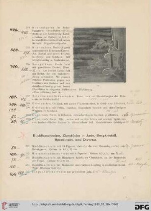Buddhaschreine, Zierstücke in Jade, Bergkristall, Speckstein, und Diverse (Nr. 211-223)