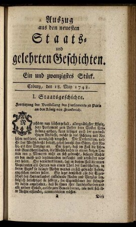 Ein und zwanzigstes Stück. Coburg, den 18. May 1748.