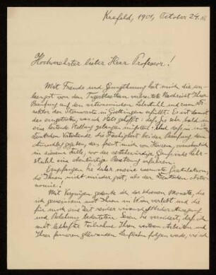 Nr. 18 Brief von Carl Wilhelm Wirtz an Karl Schwarzschild. Krefeld, 24.10.1901