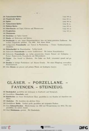 Gläser. – Porzellane. – Fayencen. – Steinzeug (Nr. 306-440)