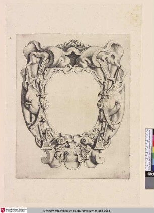 [Kartusche mit Trophäen und Lorbeerkranz; Cartouche met kwabornament met wapentrofeëen]