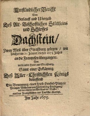 Umständlicher Bericht Von ... Ubergab deß ... Stättleins ... Dachstein ... an die Frantzosen ...