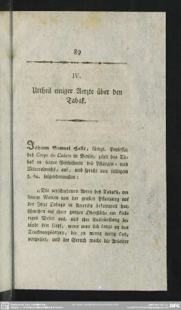 IV. Urtheil einiger Aezte über den Tabak
