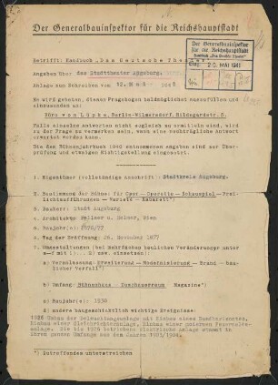 Stadttheater, Augsburg: Fragebogen für das Handbuch »Das Deutsche Theater«, erste Fassung, vierseitiges Dokument