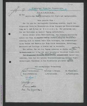 Entwurf - Einladung an die weiblichen Stadtverordneten der Stadt- und Landgemeinden zur 33. Generalversammlung des ADF 1925 in Eisenach