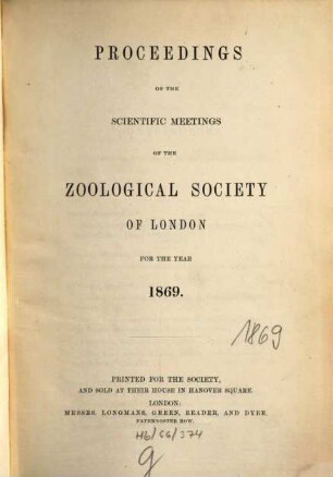 Proceedings of the Zoological Society of London. 1869
