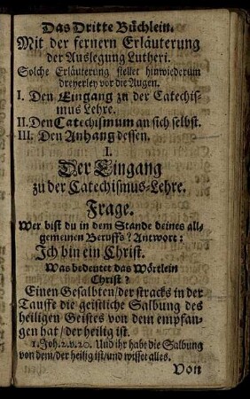 I. Der Eingang zu der Catechismus-Lehre