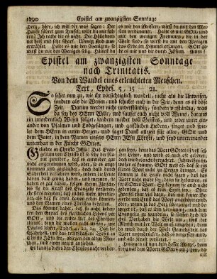 Epistel am zwanzigsten Sonntage nach Trinitatis. Von dem Wandel eines erleuchteten Menschen. Text, Ephes. 5, 15-21.