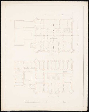Zweigeschossiges Schloss im neogotischen Stil: Grundriss Souterain und Erdgeschoss