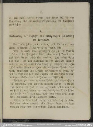I. Vorbereitung der richtigen und naturgemäßen Behandlung des Weinstocks
