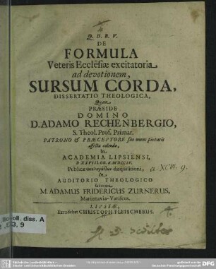 De Formula Veteris Ecclesiae excitatoria ad devotionem, Sursum Corda : Dissertatio Theologica