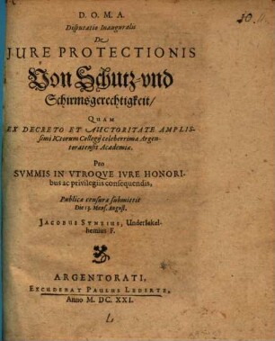 Disp. inaug. de iure protectionis, von Schutz- und Schirmsgerechtigkeit