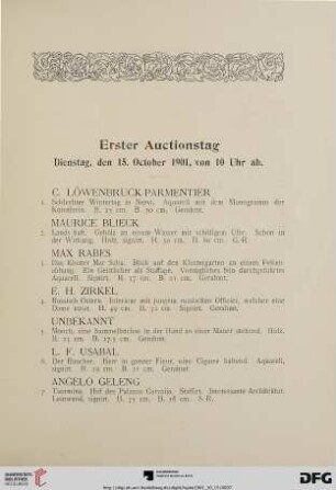 Erster Auctionstag: Dienstag, den 15. October 1901, von 10 Uhr ab (Nr. 1-144)
