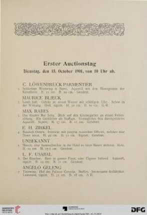 Erster Auctionstag: Dienstag, den 15. October 1901, von 10 Uhr ab (Nr. 1-144)
