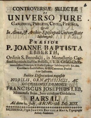 Controversiae Selectae Ex Universo Jvre Canonico, Publico, Civili, Feudali, 2