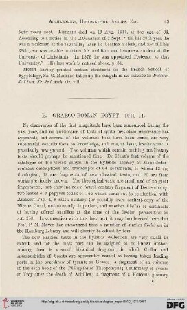 Progress of Egyptology : graeco-roman Egypt, 1910-11