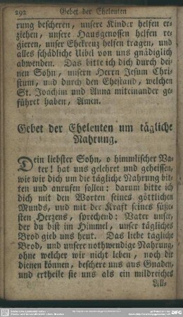 Gebet der Eheleuten um tägliche Nahrung