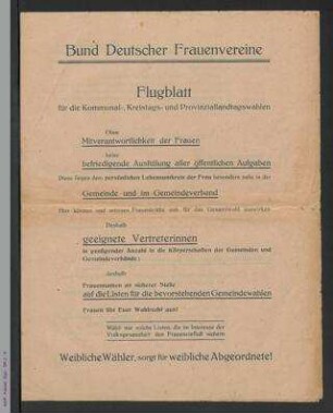 Flugblatt des Bundes Deutscher Frauenvereine für Gemeinde- u. Landtagswahlen
