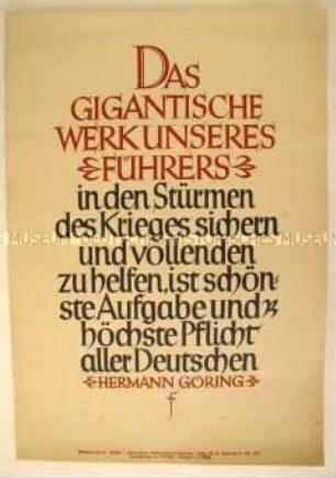 Schmuckblatt "Wochenspruch der NSDAP" mit einem Ausspruch von Hermann Göring