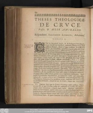 Theses Theologicae De Cruce. Praeside D. Mose Amyraldo. Respondente Salomone Ligerio, Iuliodunensi.