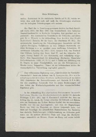 [Hinweis zu einem] Aufsatz von K[arl] Lamprecht, Die wirthschaftsgeschichtlichen Studien in Deutschland im Jahre 1882