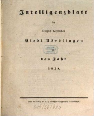 Intelligenzblatt der Königlich Bayerischen Stadt Nördlingen. 1838