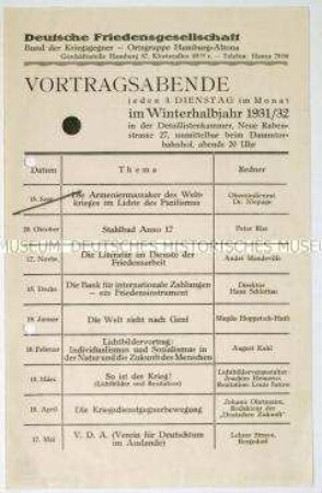 Ankündigung einer Vortragsreihe der Deutschen Friedensgesellschaft und des Bundes der Kriegsgegner von September 1931 bis Mai 1932 in Hamburg
