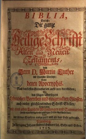 Biblia, Das ist: Die gantze Heilige Schrifft Alten und Neuen Testaments : Samt denen Apocryphis