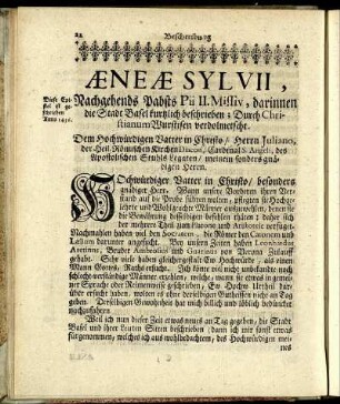 Æneæ Syluii, Nachgehends Papsts Pii II. Missiv, darinnen die Stadt Basel kurtzlich beschrieben ...