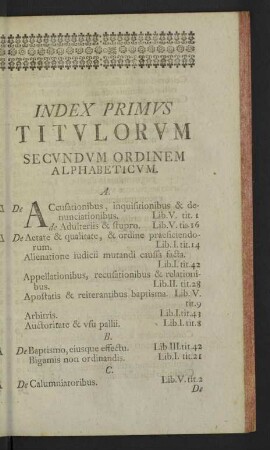 Index primus titulorum secundum ordinem alphabeticum.