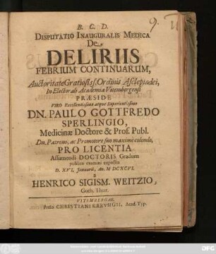 Disputatio Inauguralis Medica De Deliriis Febrium Continuarum
