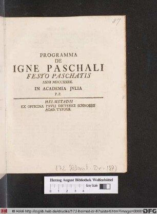 Programma De Igne Paschali Festo Paschatis Anni MDCCXXIIX. In Academia Jvlia P. P