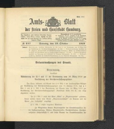 No.257, Sonntag, den 19. Oktober 1919