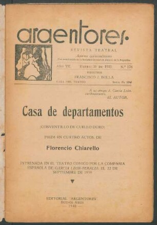 1940017600: Casa de departamentos : (conventillo de cuello duro) ; pieza en cuatro actos