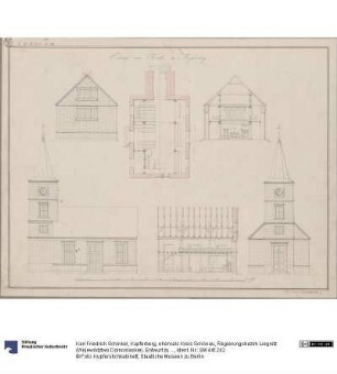 Kupferberg, ehemals Kreis Schönau, Regierungsbezirk Liegnitz (Województwo Dolnośląskie). Entwurf zu einer Kirche. Grundriss, Seiten-, Vorder- und Hinteransicht, Quer- und Längenprofil