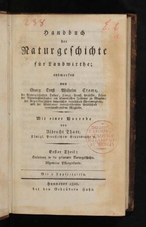 1: Einleitung in die gesammte Naturgeschichte. Allgemeine Pflanzenkunde