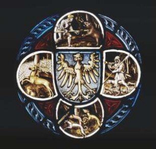 Vierpass-Scheibe mit Nürnberger Wappen (Adlerjungfrau) und Jagdszenen