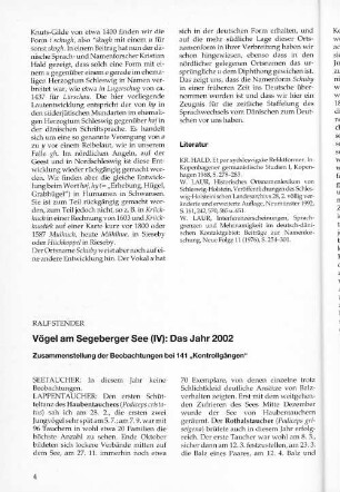 Vögel am Segeberger See (IV): Das Jahr 2002 : Zusammenstellung der Beobachtungen bei 141 "Kontrollgängen"