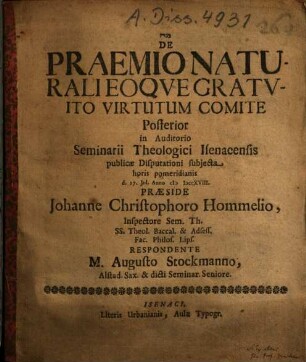 De Praemio Naturali Eoque Gratuito Virtutum Comite Posterior