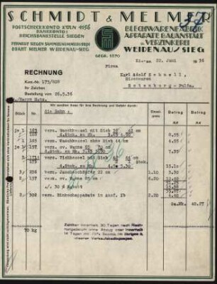 Firmenbriefkopf Schmidt & Melmer, Blechwarenfabrik - Apparate - Bauanstalt u. Verzinkerei