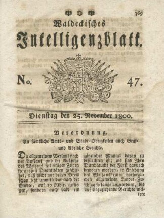 No. 47, Dienstag den 25. November 1800