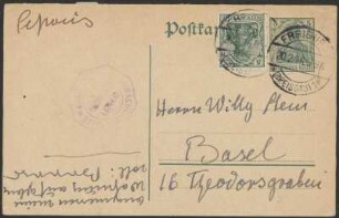 Postkarte von Dora Hitz an Wilhelm Stein
