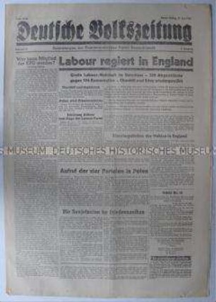 Tageszeitung der KPD "Deutsche Volkszeitung" u.a. über den Wahlsieg der Labour-Partei in Großbritannien