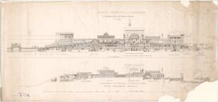 Thiersch, August ; Alexandria (Ägypten); Serapeum von Alexandria, Rekonstruktion des Sarapistempels - Ostseite (Ansicht); Erste Ptolomäische Neuanlage, Tempelhof von Süden nach Norden (Längsschnitt)