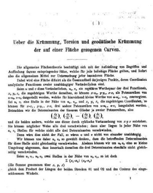 Ueber die Krümmung, Torsion und geodätische Krümmung der auf einer Fläche gezogenen Curven