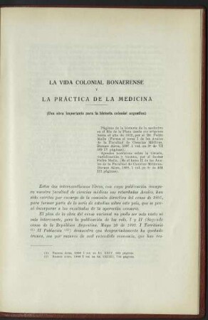 La vida colonial bonaerense y la práctica de la medicina - (Una obra importante para la historia colonial argentina)