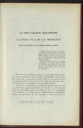 La vida colonial bonaerense y la práctica de la medicina - (Una obra importante para la historia colonial argentina)