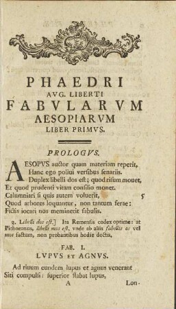 Phaedri Avg. Liberti Fabvlarvm Aesopiarvm Liber Primvs
