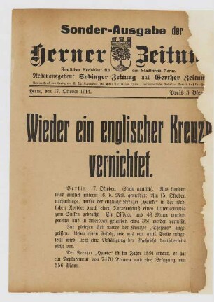 "Wieder ein englischer Kreuzer vernichtet."